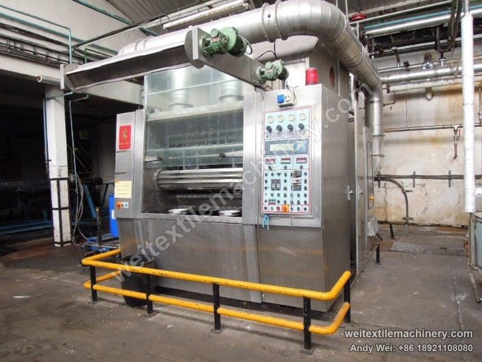 Used Biancalani AIRO 1000 air-flow tumbler finishing machine, front view with drum window, AIRO 1000 control panel and top air ducts