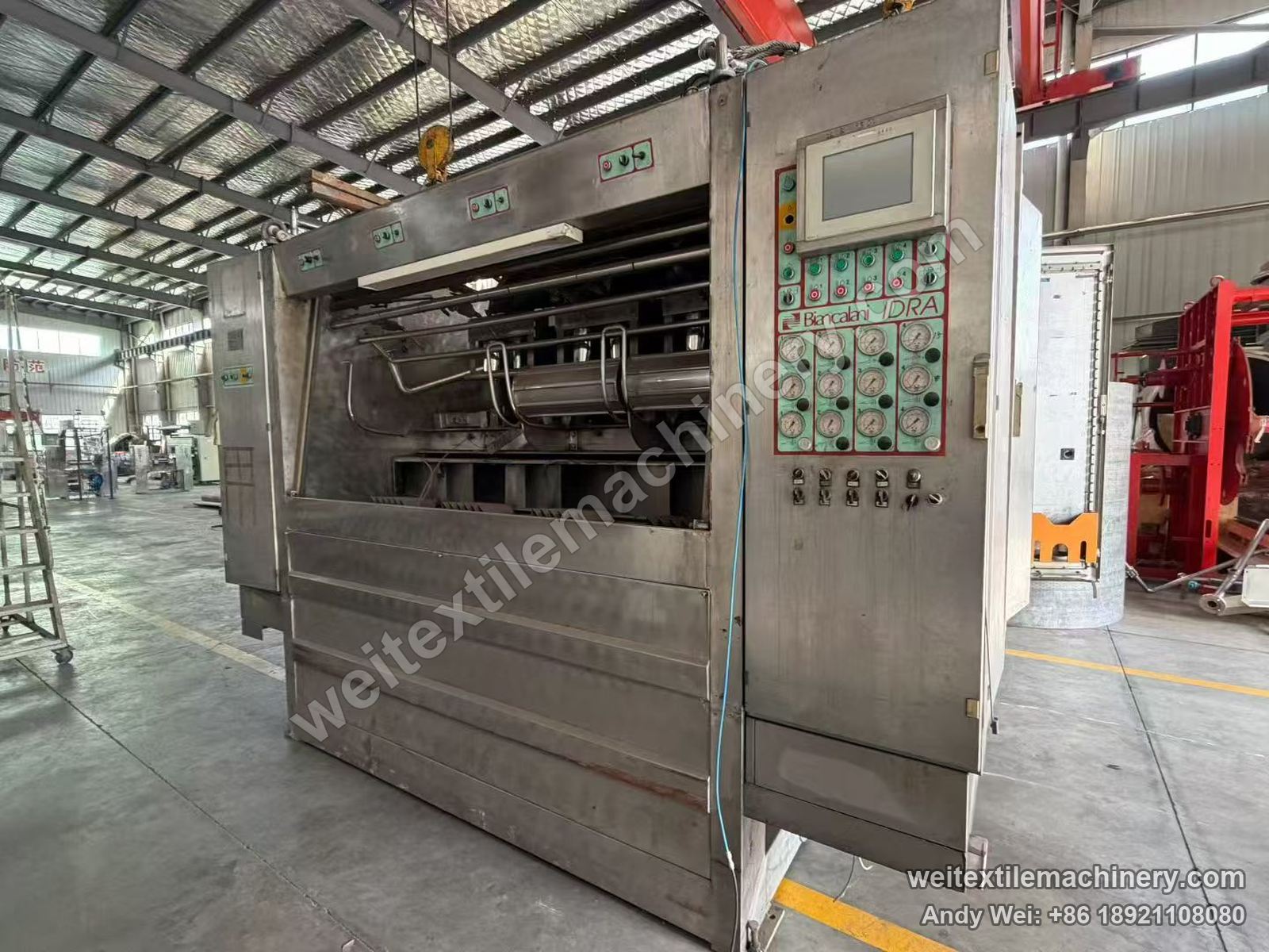 Used Biancalani IDRA 4T rope scouring and milling machine, full view with stainless body, Biancalani IDRA panel and four-channel gauge banks