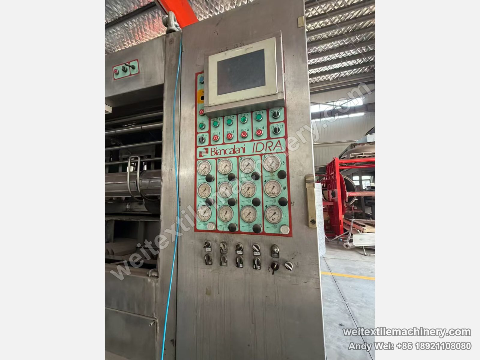 Used Biancalani IDRA 4T rope scouring and milling machine, control panel with Biancalani IDRA marking, touch screen and twelve gauges across four channels