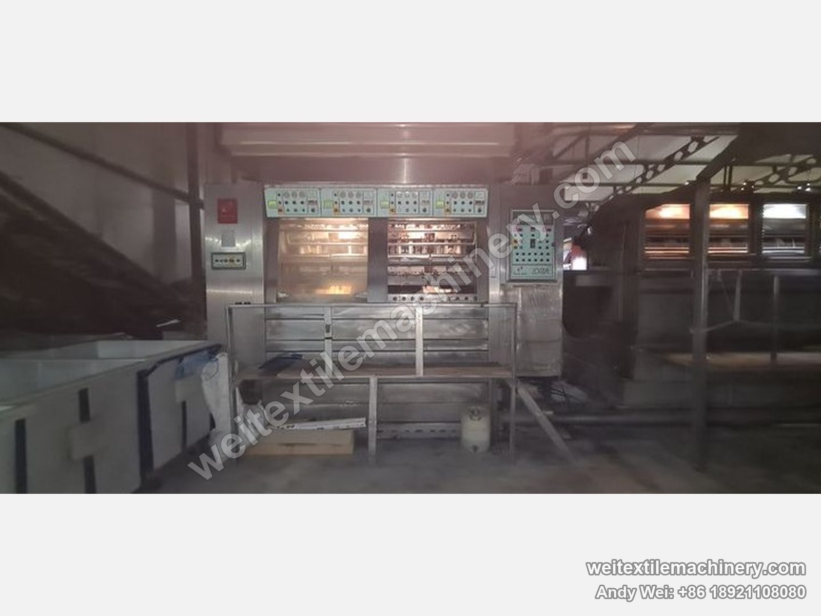 Used Biancalani IDRA rope scouring and milling machine at its previous mill, front view with control panel and four-channel feed