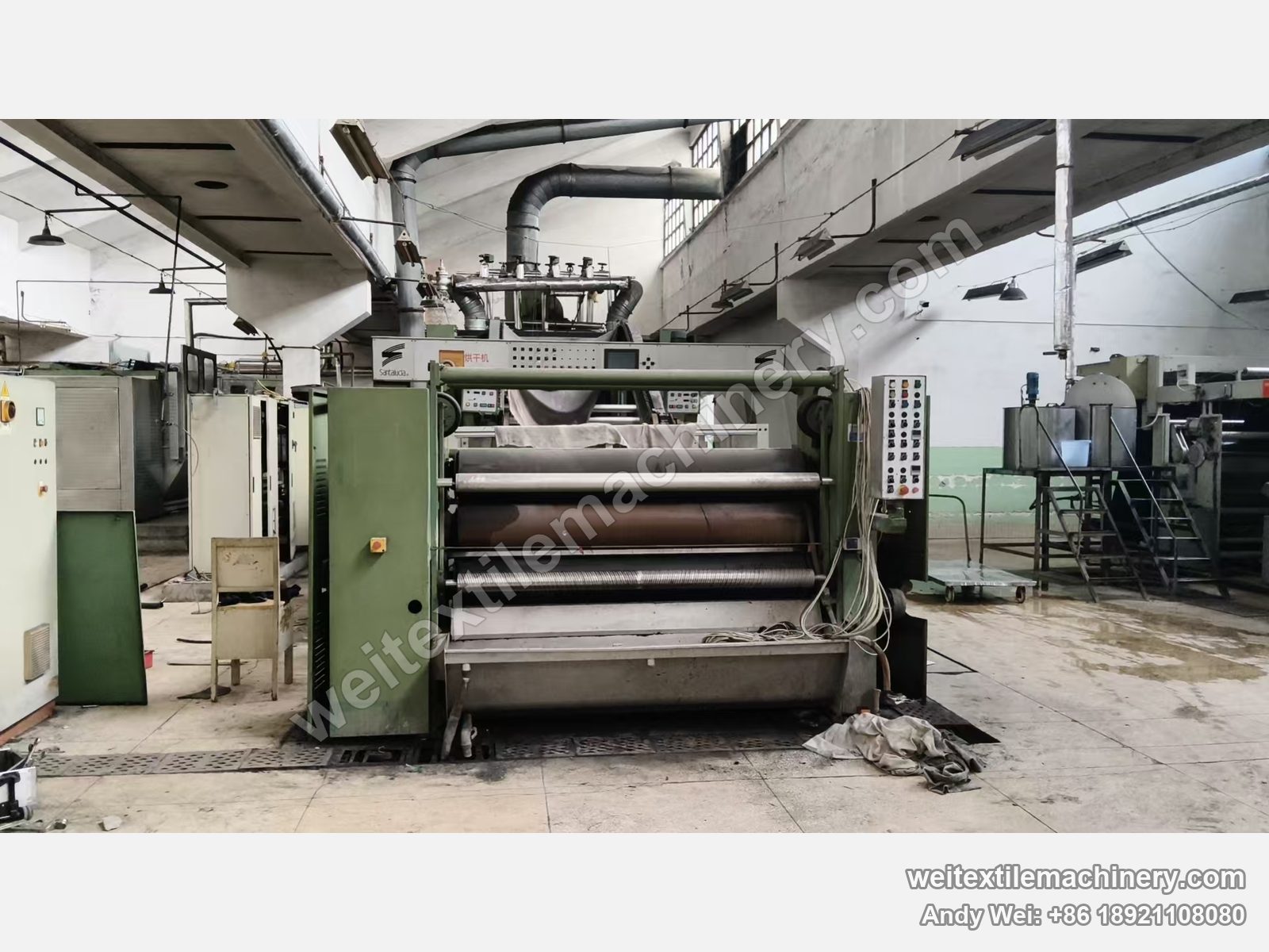 Used Bianco squeezing machine (2.0 m, 3 rolls), front view with three-roller nip, push-button control column at right and stainless trough