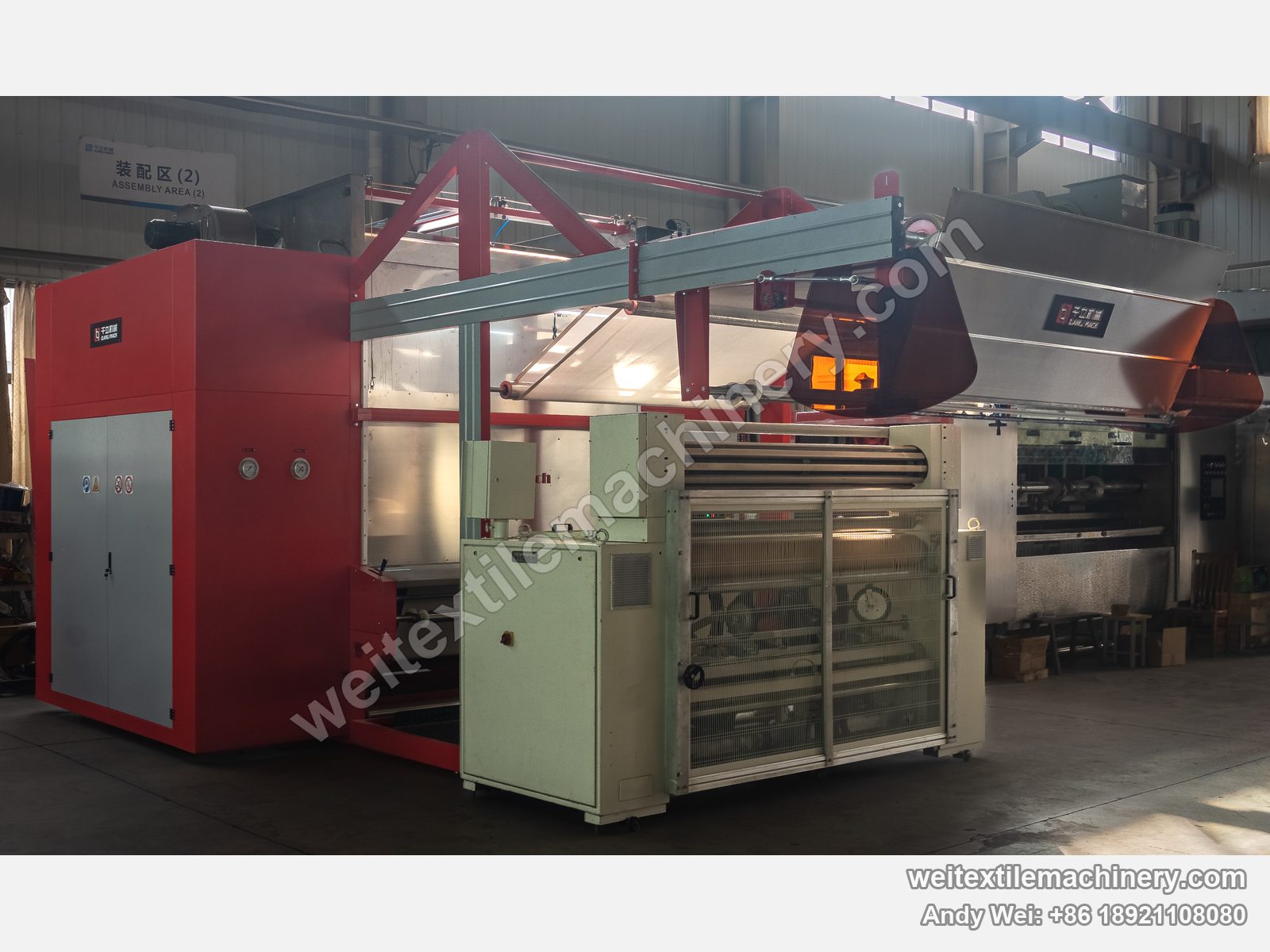 Used Bianco Tramatex SP04 pin-wheel weft straightener in a line at QL assembly area, bianco plate, mesh guard door, pin wheels, QL machines beside
