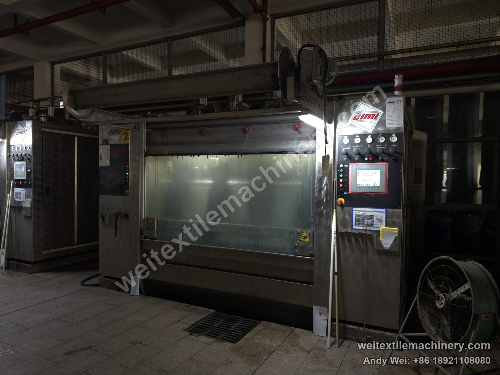 Used CIMI Flexifola 4C rope scouring and milling machine, front view with stainless body, window, five-gauge panel, touch screen and FLEXIFOLA 4C marking