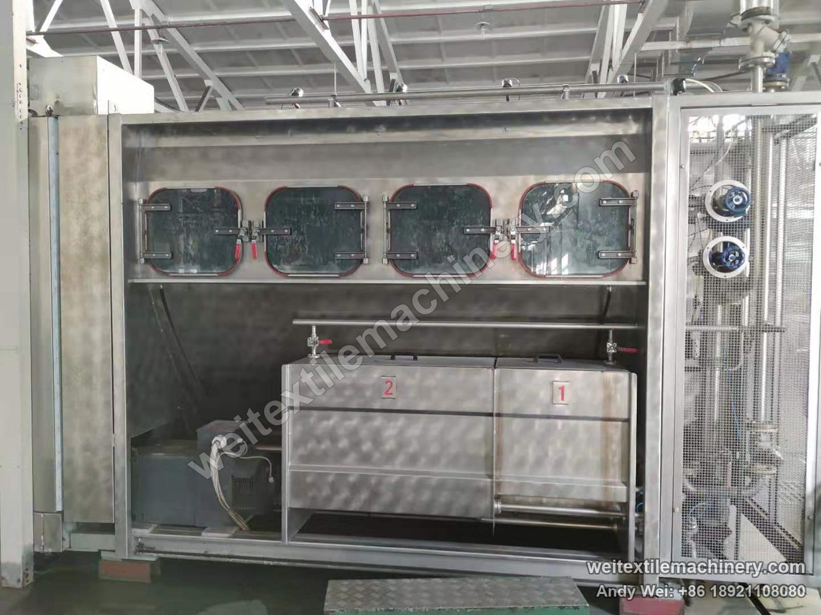 Used CIMI Flexifola 4C rope scouring and milling machine, rear service side with four inspection doors and two stainless tanks numbered 1 and 2