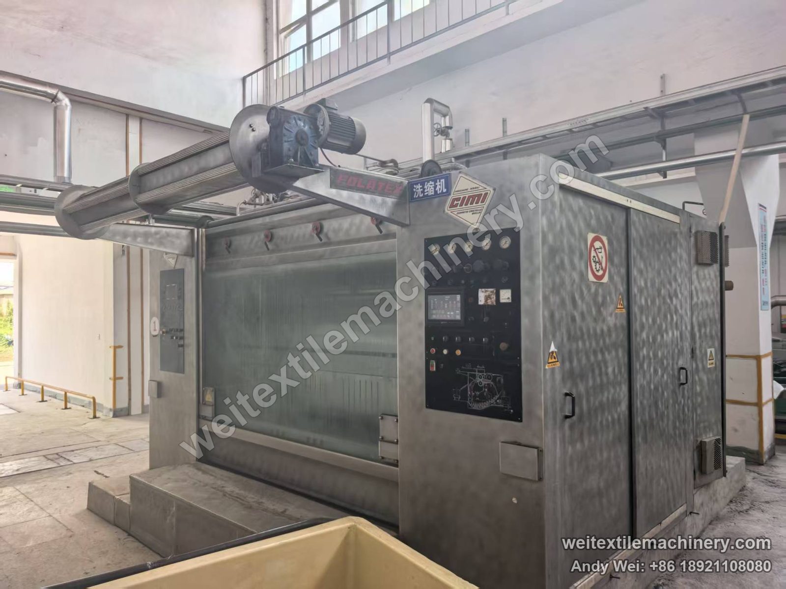 Used CIMI Folatex 4C rope scouring and milling machine, full view with stainless body, FOLATEX and CIMI badges, control panel with gauges and touch screen