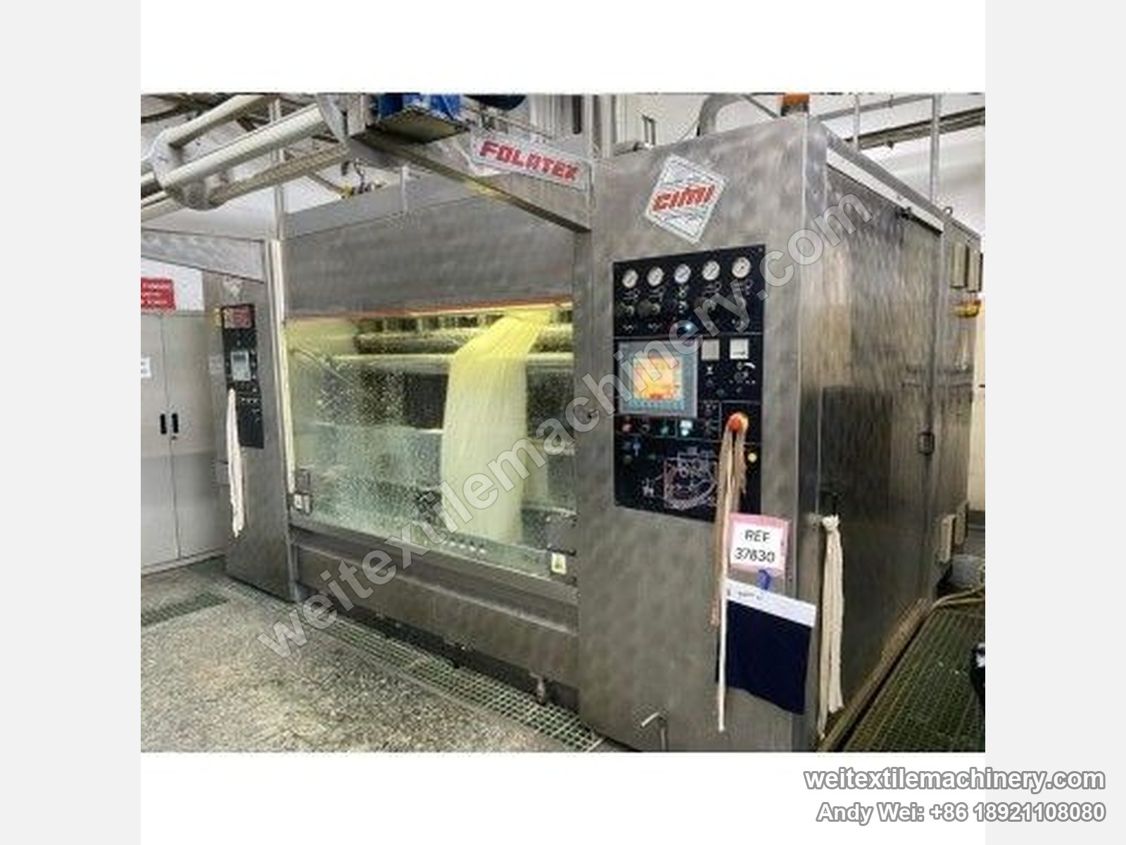 Used CIMI Folatex 4C rope scouring and milling machine in operation, rope fabric running behind the window, control panel and CIMI badge