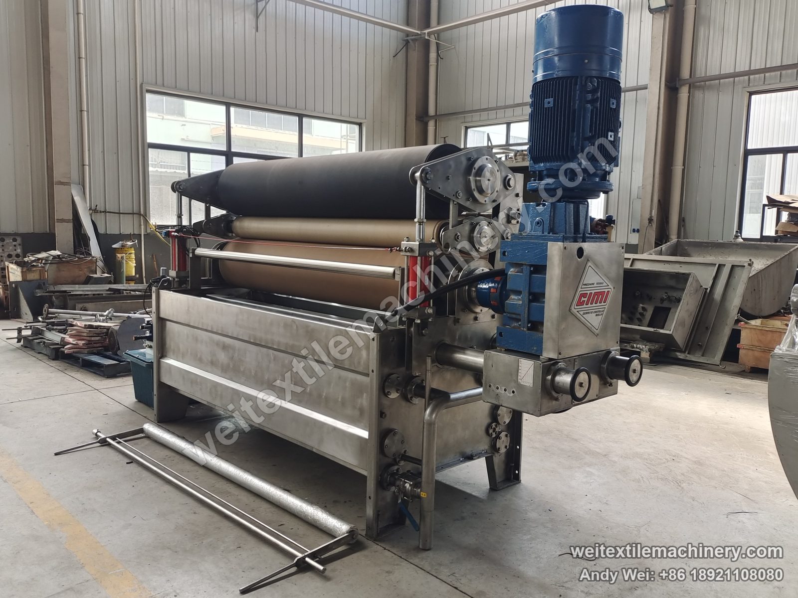 Used CIMI squeezing machine (3 rolls) after QL rebuild, full view with stainless frame, three-roller nip, CIMI badge and top motor gearbox