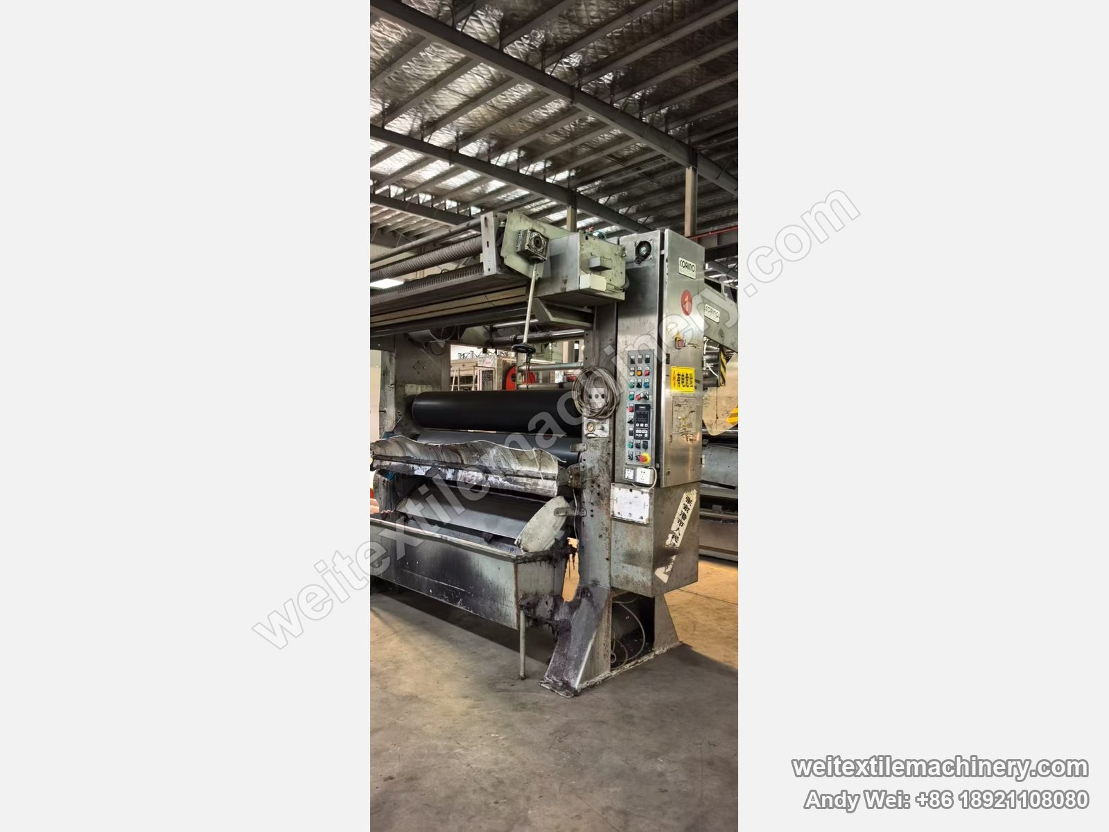 Used Corino Foulard FS-Due padder, front view with two-bowl nip, control panel and stainless trough