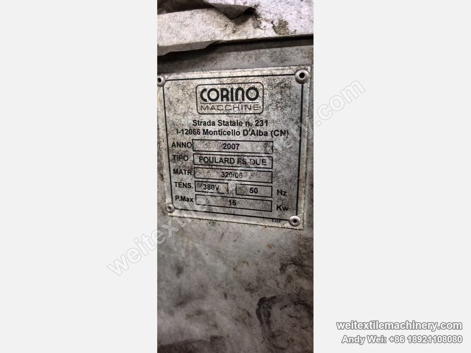 Used Corino Foulard FS-Due padder nameplate, Corino Macchine, year 2007, serial 320/06