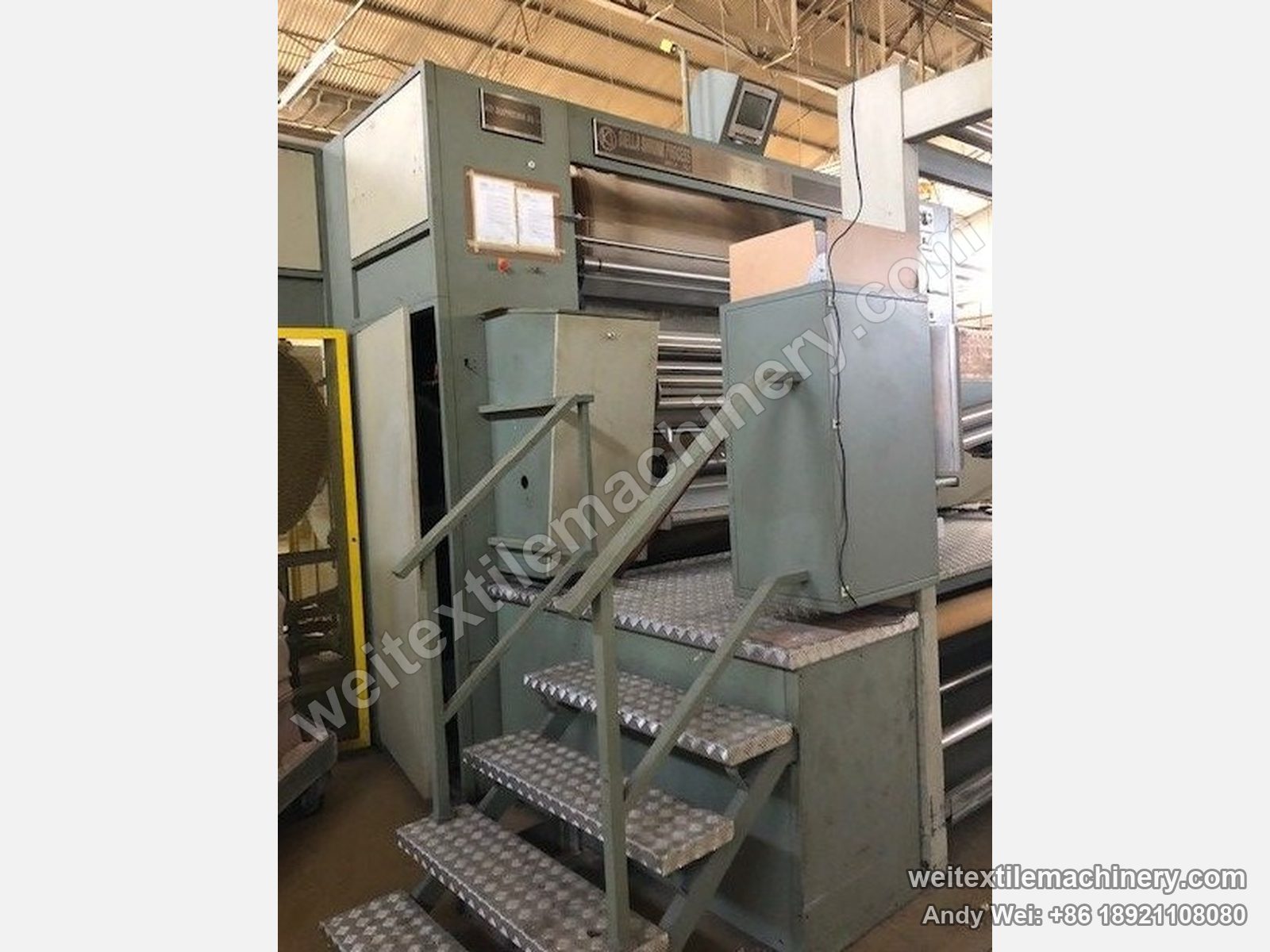 Used KD 1300 kier decatizing machine, front view with platform stairs, Biella Shrunk Process plate and touch screen