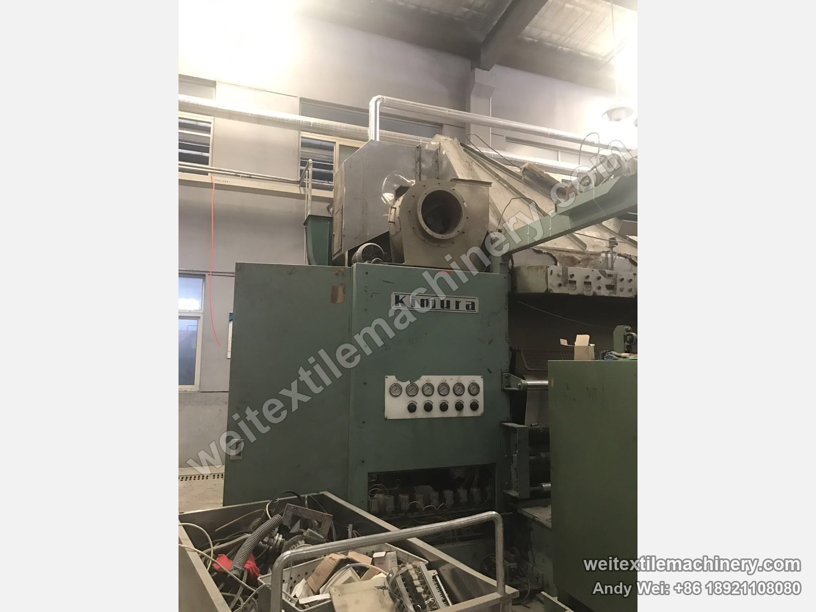 Used Kimura SD 18P OWS semi-decatizing machine, head end with Kimura plate on the body, six-gauge panel, top blower and exhaust duct