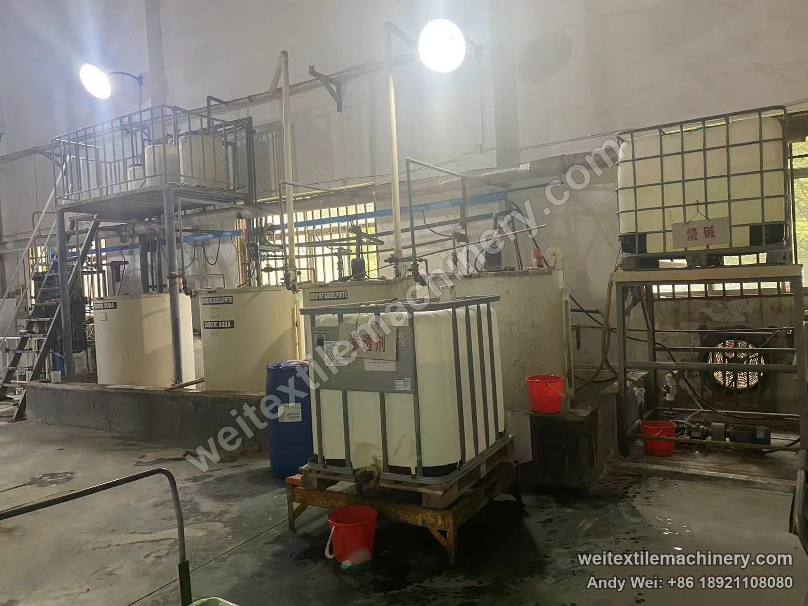 Used Kroy Fabric Machine wool fabric chlorination line, chemical station with caustic soda and sodium metabisulphite tanks and wetting agent IBC