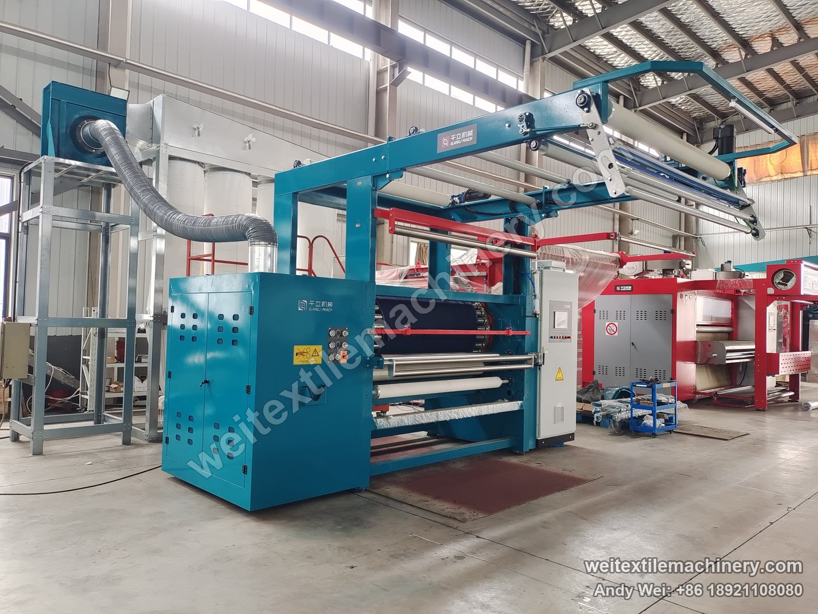 Used Lafer GRI 90 raising machine, full view from the other side with dust duct, overhead fabric frame and drum area