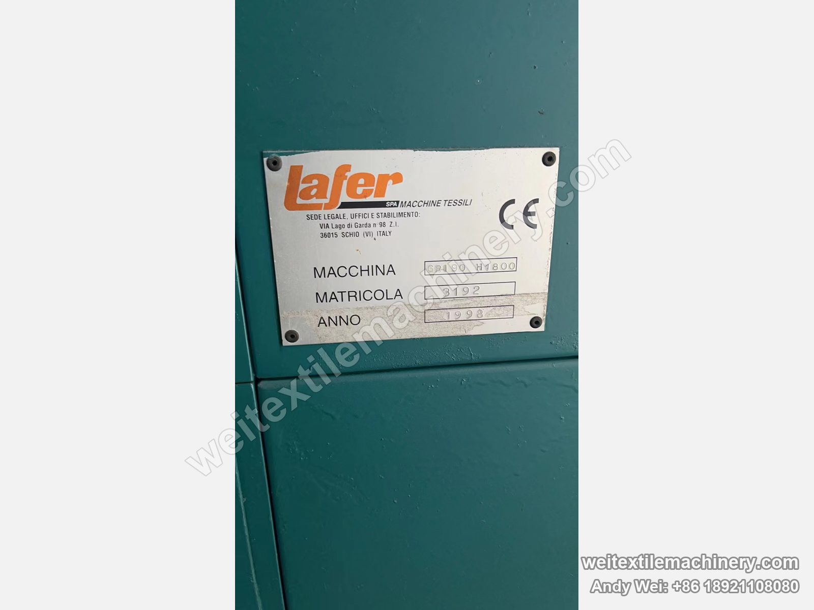 Used Lafer GRI 90 raising machine nameplate, Lafer Schio Italy, GRI 90 H1800, year 1998, serial 3192
