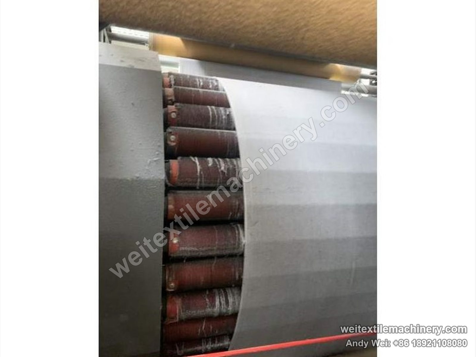 Used Mario Crosta MC 10/36 raising machine, raising drum detail with card-wire rollers and fabric