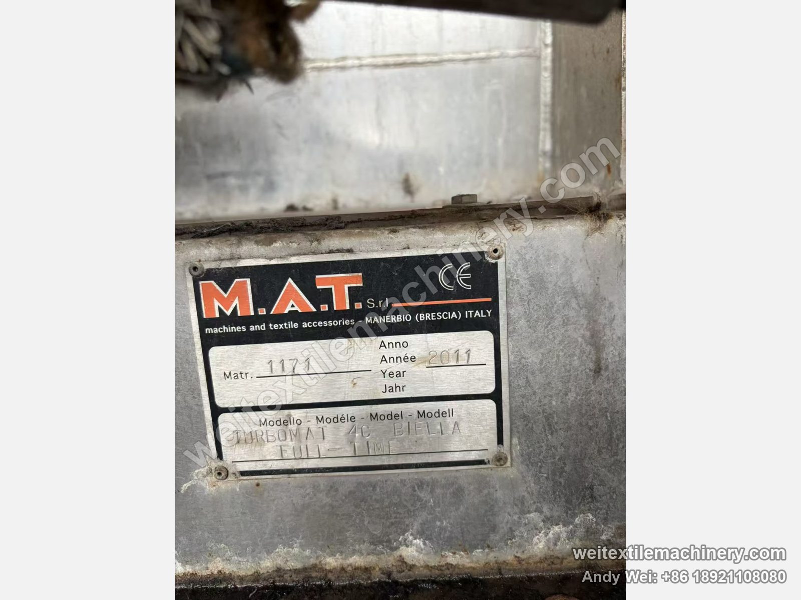 Used MAT Turbomat 4C rope scouring and milling machine nameplate, M.A.T. Manerbio Italy, 2011, serial 1171