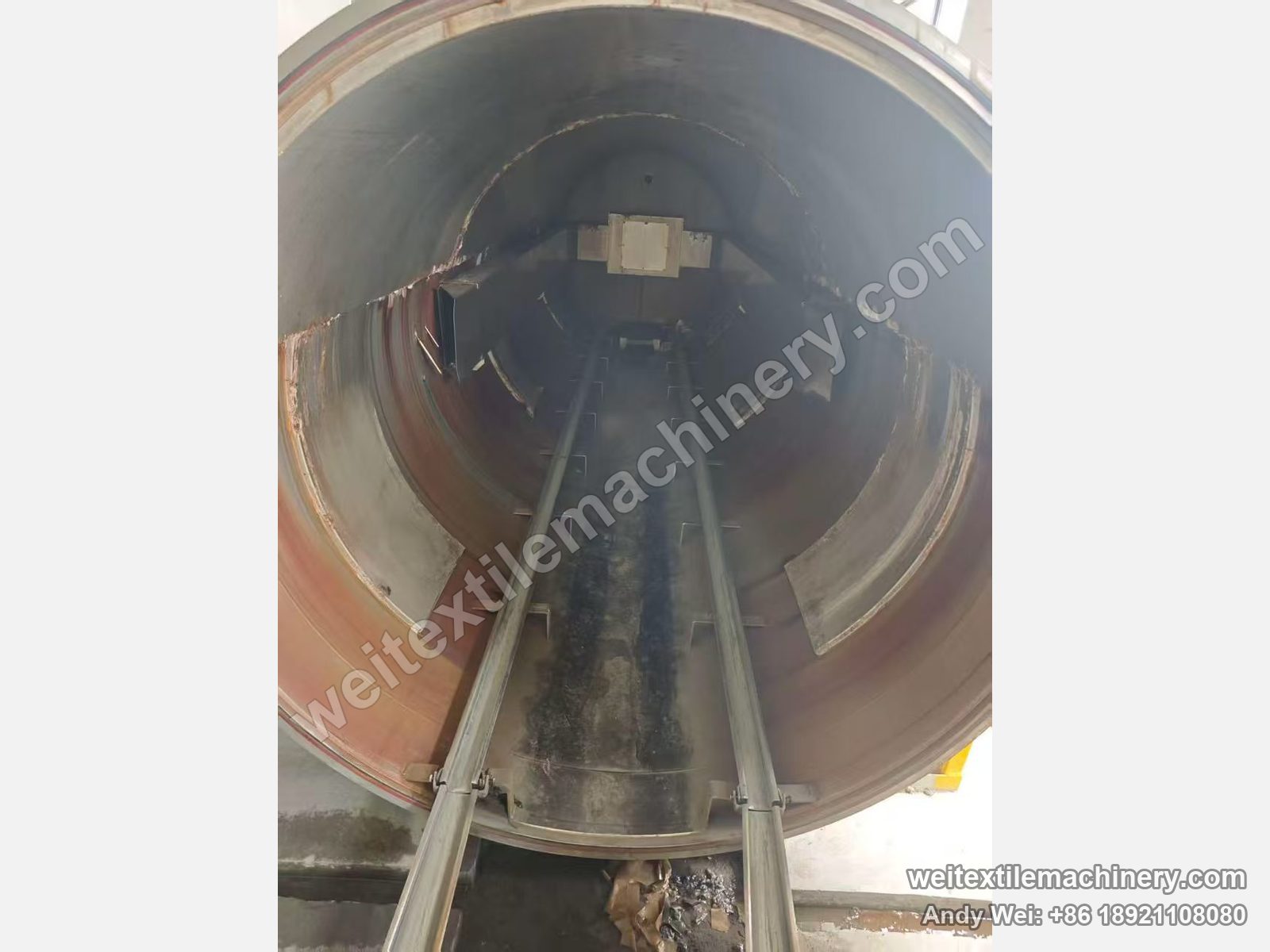 Used Obem VFPV vacuum yarn steaming autoclave, inside the vessel with two trolley rails, vessel wall and top port