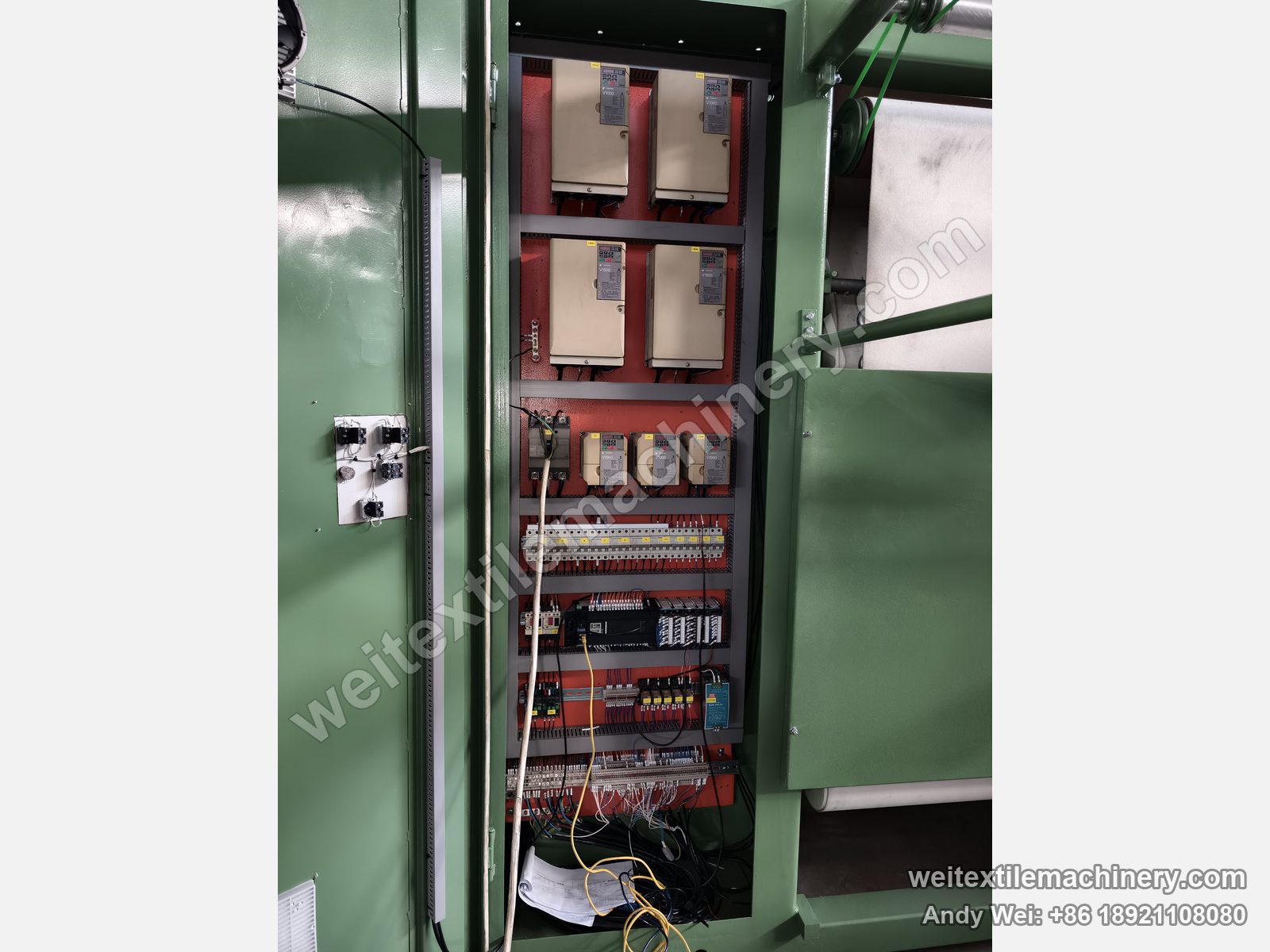 Used Sperotto Rimar Multidecat 2.0 continuous decatizing machine, electrical cabinet of the green body with seven Yaskawa V1000 inverters, PLC and terminal rows