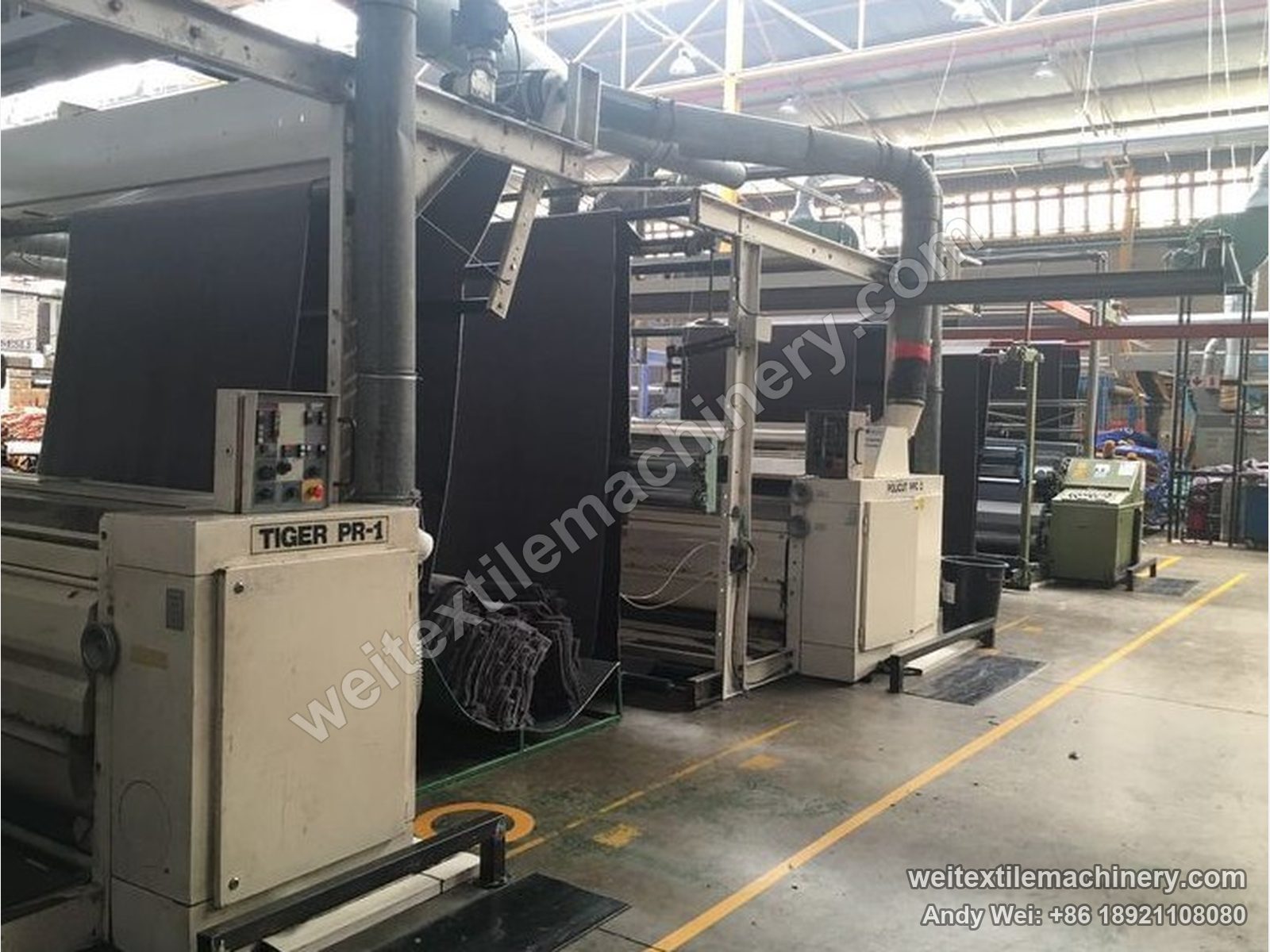 Used Sucker Müller Policut PPC-2 polishearing line, TIGER PR-1 unit in front, dark fabric hanging and POLICUT PPC 2 unit behind