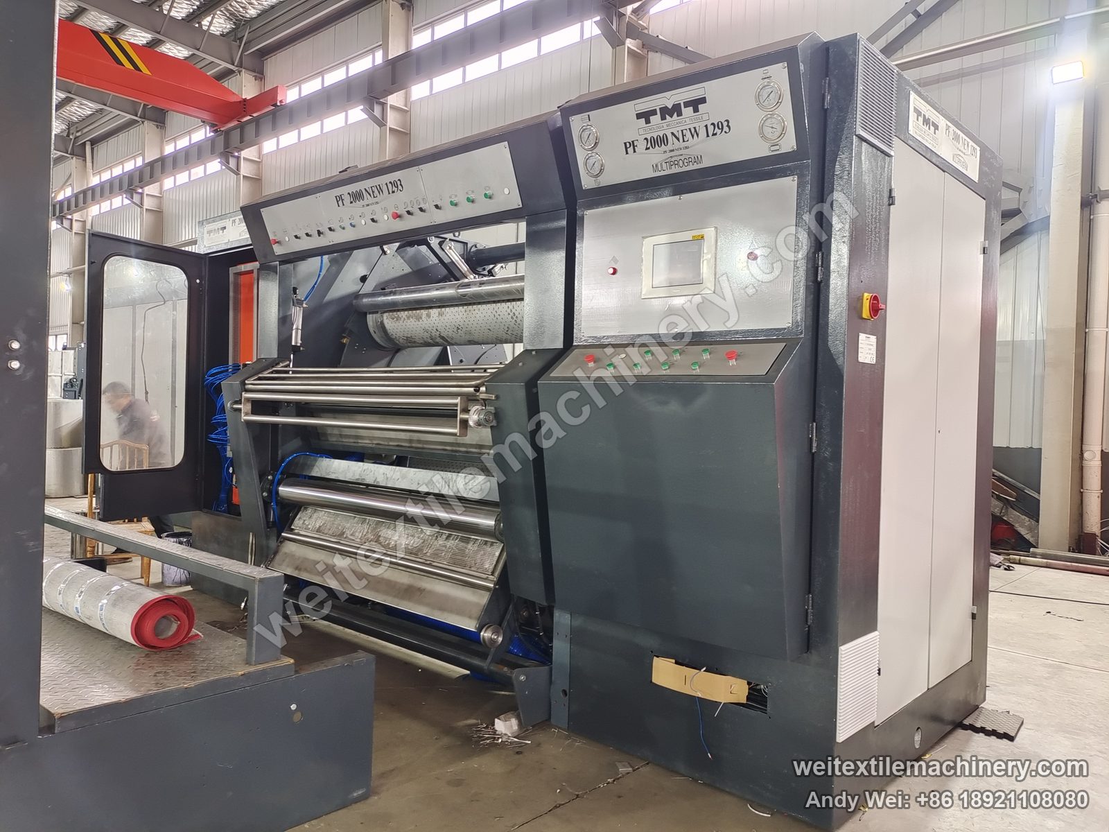 Used TMT PF 2000 NEW 1293 kier decatizing machine, full view with dark grey body, TMT Multiprogram panel, open door and perforated cylinder