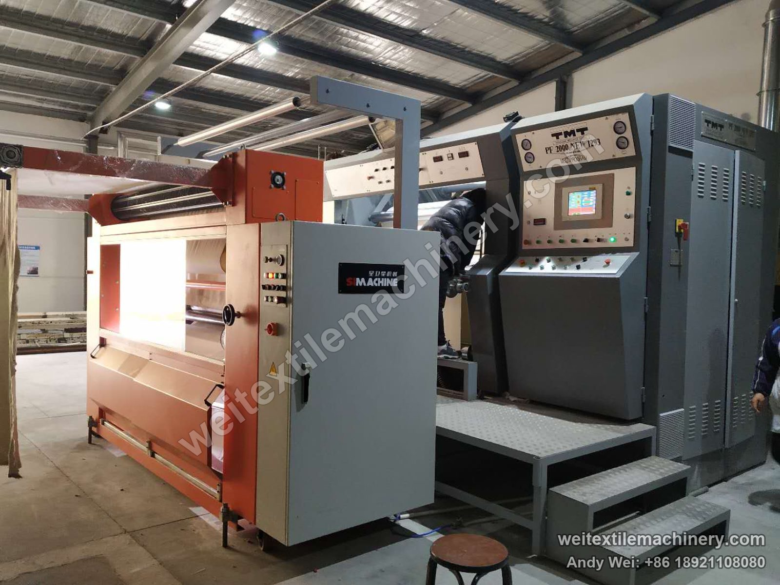 Used TMT PF 2000 NEW 1293 kier decatizing machine with orange SIMACHINE auxiliary unit, operator platform stairs and touch-screen panel