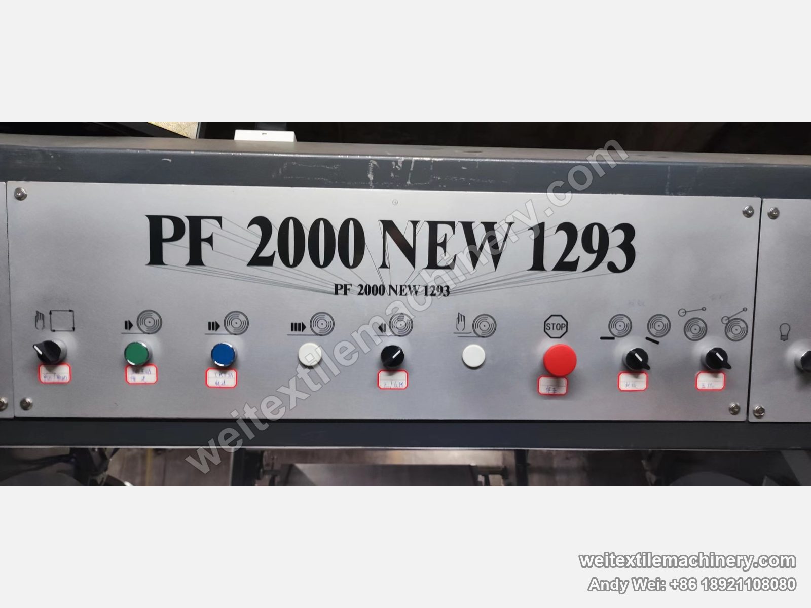 Used TMT PF 2000 NEW 1293 kier decatizing machine, control panel close-up with PF 2000 NEW 1293 marking and push buttons with handwritten Chinese labels