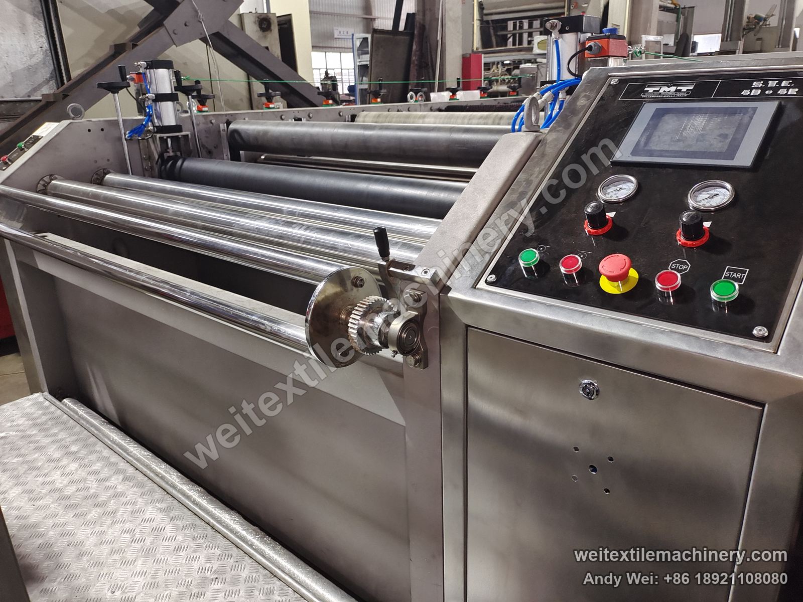 Used TMT STC 4D+4R wet brushing and setting machine, control panel with TMT S.T.C. 4D+4R plate, touch screen, two gauges and buttons, stainless rolls in front