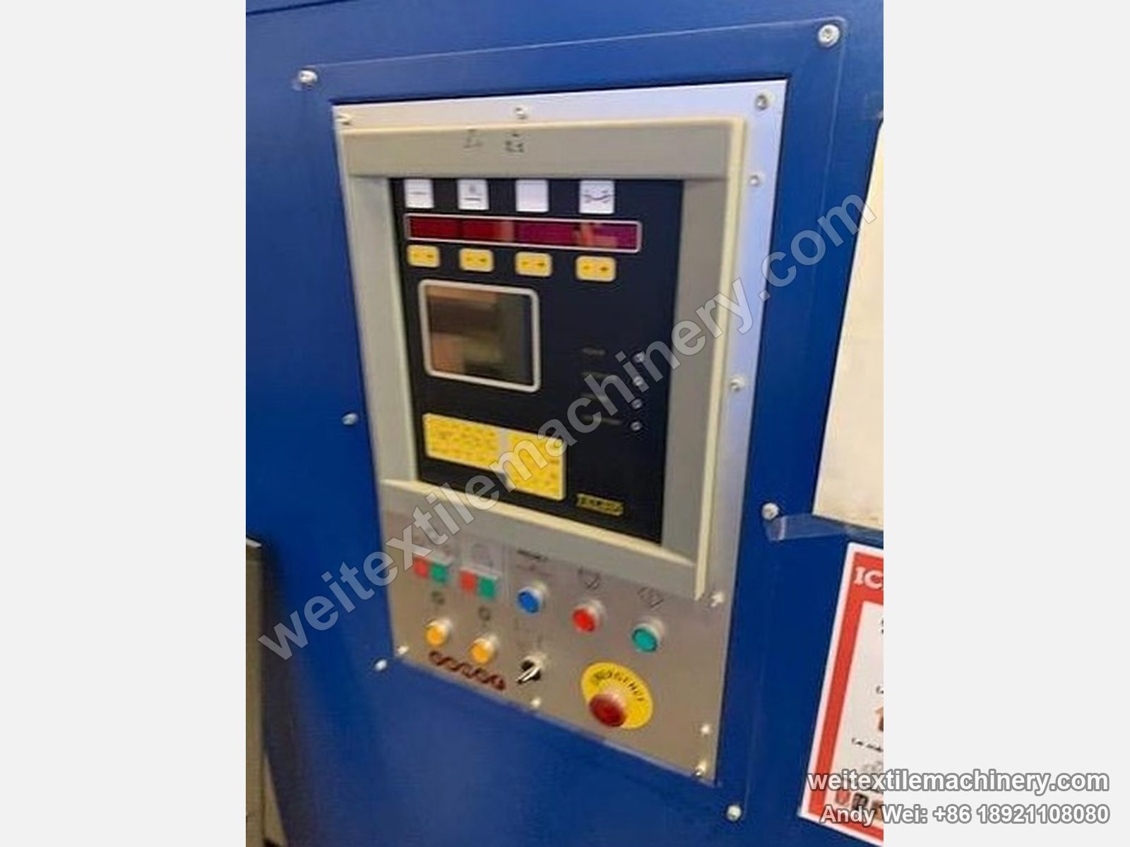 Used Unitech shearing machine (2.2 m), control panel with digital display, keypad, push buttons and emergency stop