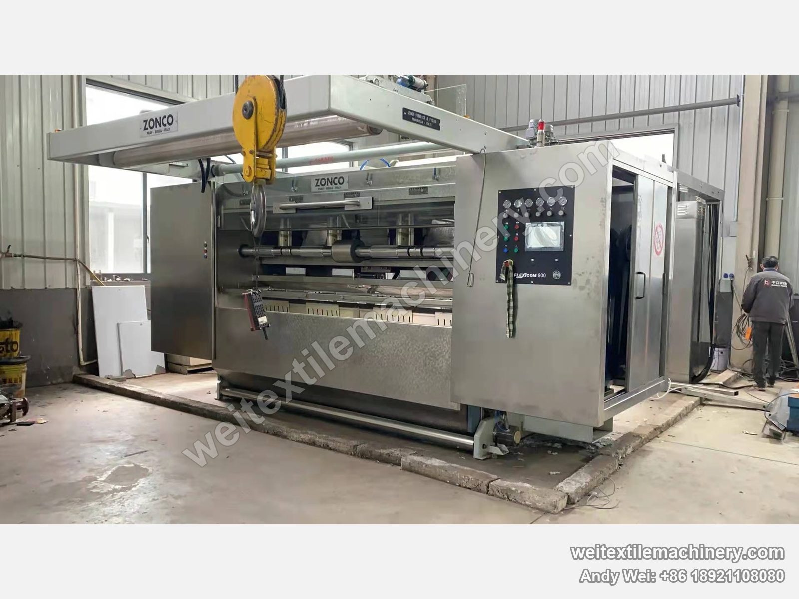 Used Zonco Flexicom 800 rope scouring and milling machine, full view with stainless body, ZONCO plate on the top beam, six-gauge panel and touch screen