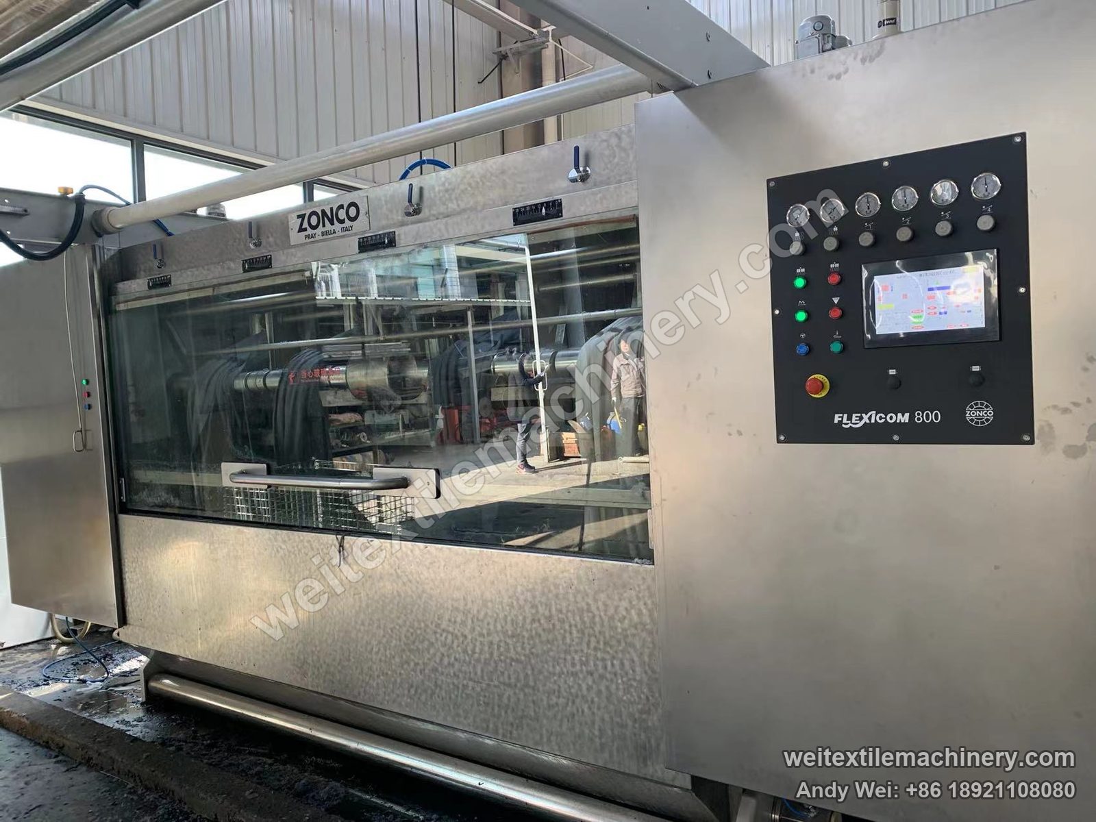 Used Zonco Flexicom 800 rope scouring and milling machine, control panel with six gauges and touch screen, FLEXICOM 800 marking and glass window at left