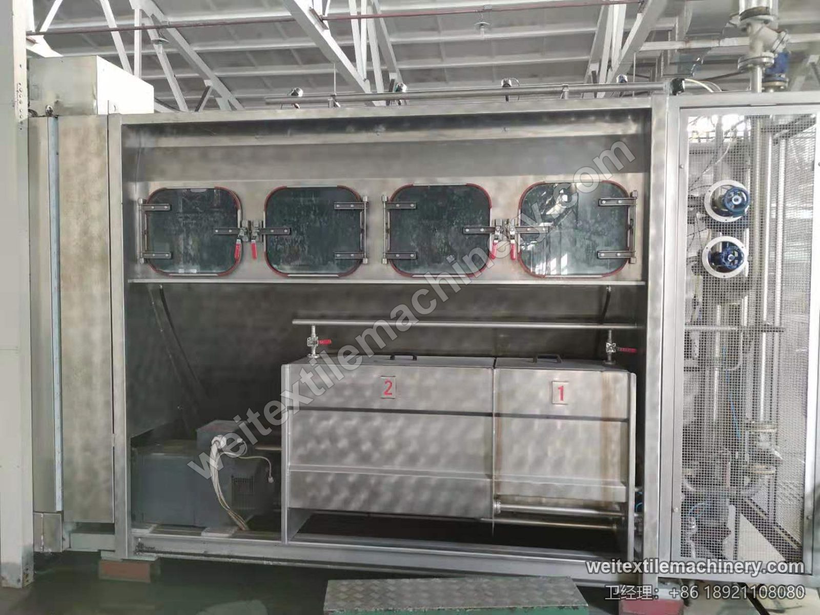 二手 CIMI Flexifola 4C 绳状洗缩联合机背面服务侧，四扇观察门与两只编号 1、2 的不锈钢槽罐