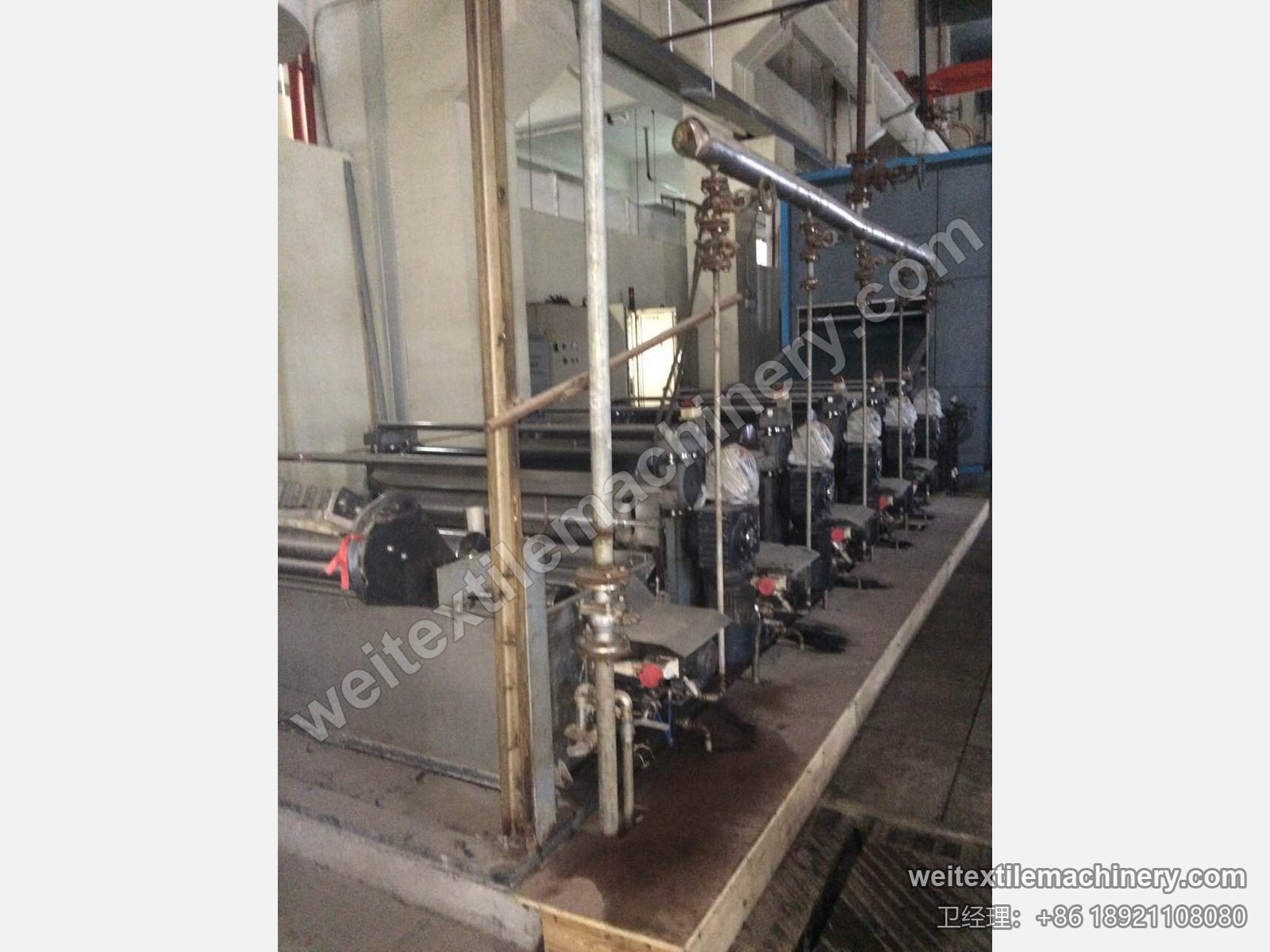 二手 CMT LTT 毛条复洗生产线洗槽段，逐槽压辊电机、蒸汽阀组与水槽
