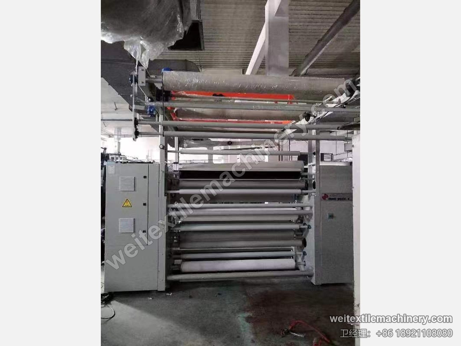 二手 Danti Paolo DP7 剪毛机正面近景，包膜辊筒、剪毛区与电控柜