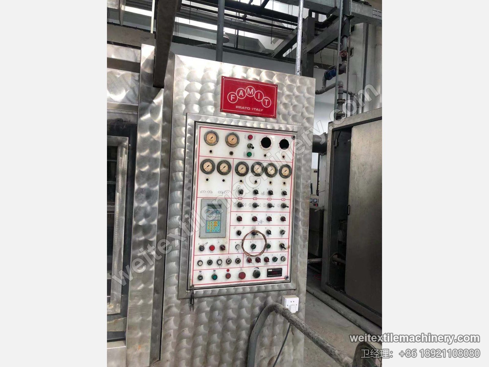 二手 Famit F4 SOFT 绳状洗缩联合机 Famit Prato Italy 标牌与原装面板，八只压力表与旋钮
