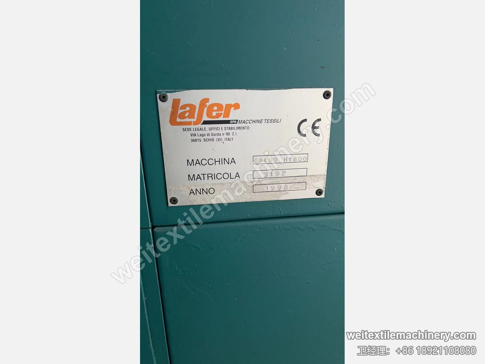 二手 Lafer GRI 90 起毛机铭牌，Lafer Schio 意大利，GRI 90 H1800，1998 年，机号 3192