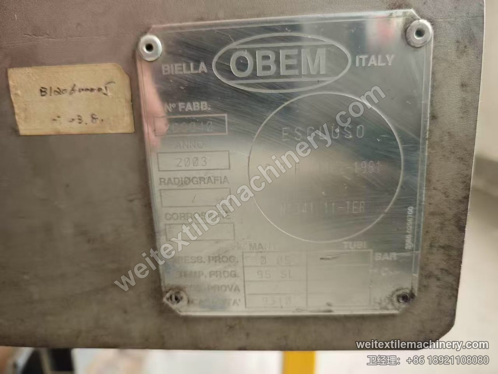 二手 Obem VFPV 蒸纱机铭牌，OBEM Biella Italy，2003 年，设计压力 0.05 bar、设计温度 95 ℃