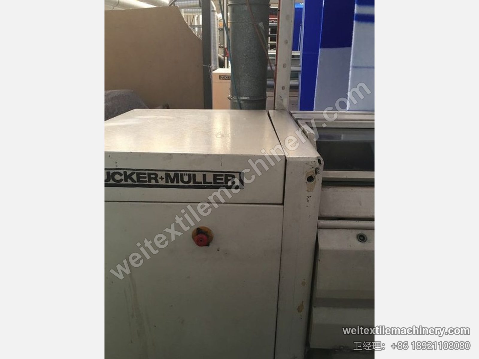二手 Sucker Müller Policut PPC-2 烫剪联合机箱体上的 SUCKER+MÜLLER 标牌与急停按钮