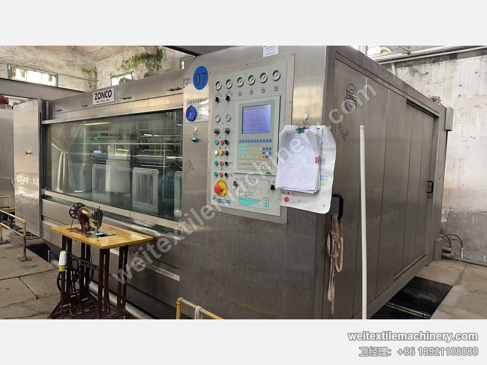 二手 Zonco Twin 800 绳状洗缩联合机整机，不锈钢机身、ZONCO 标牌、玻璃观察窗、六表面板与 TWIN 800 标识