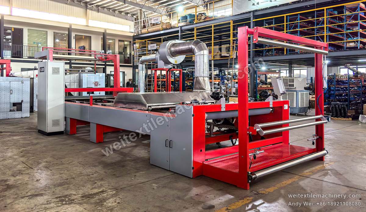 QL WPF-LTYS Pin-Chain Steaming-Shrinking Machine, full view, guide rollers at the end, hood and ducts in the middle