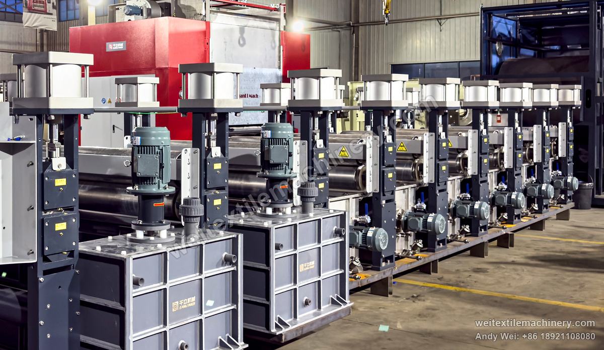 QL WPF-MTFSSG Wool Tops Shrinkproofing Line, full view of the washing section, squeeze rollers in a row