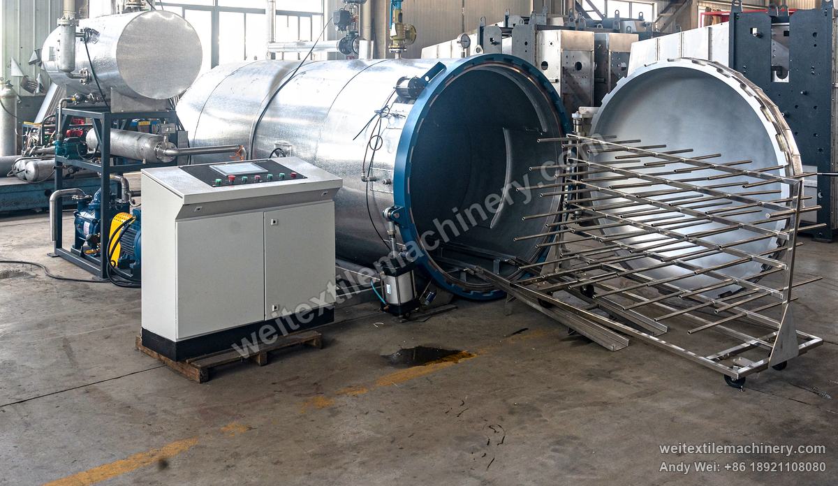 QL WPF-ZS Vacuum Yarn Steaming Autoclave, front view, door open, yarn rack trolley at the opening