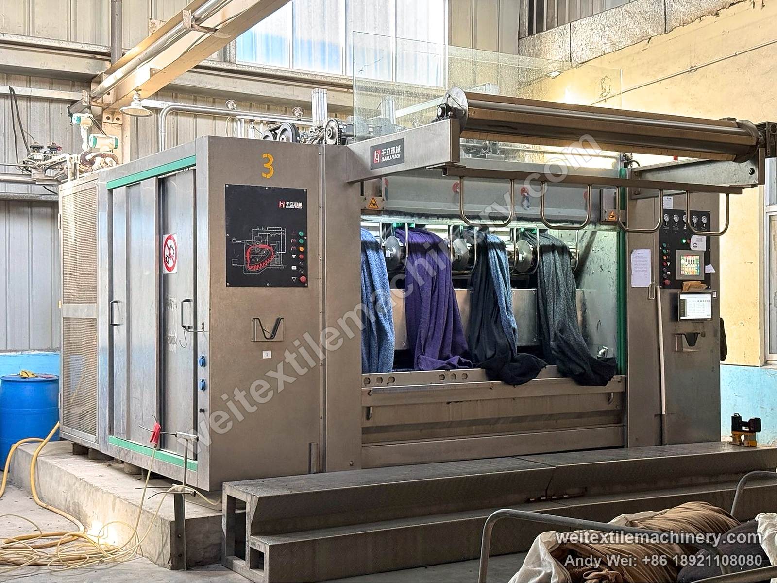 QL WPF-4XS Four-Channel Wool Scouring and Milling Machine, full view at a customer mill, four fabrics in four channels