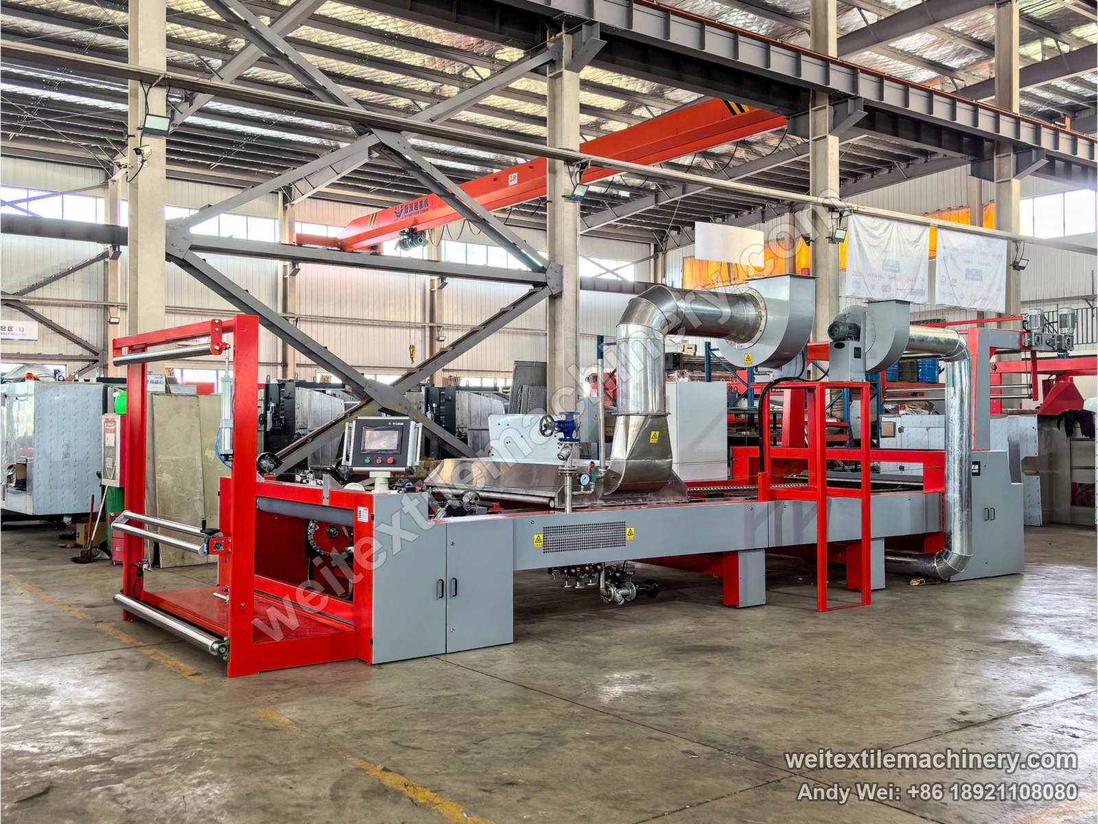 QL WPF-LTYS Pin-Chain Steaming-Shrinking Machine, full view, ducts and fans, touchscreen control panel
