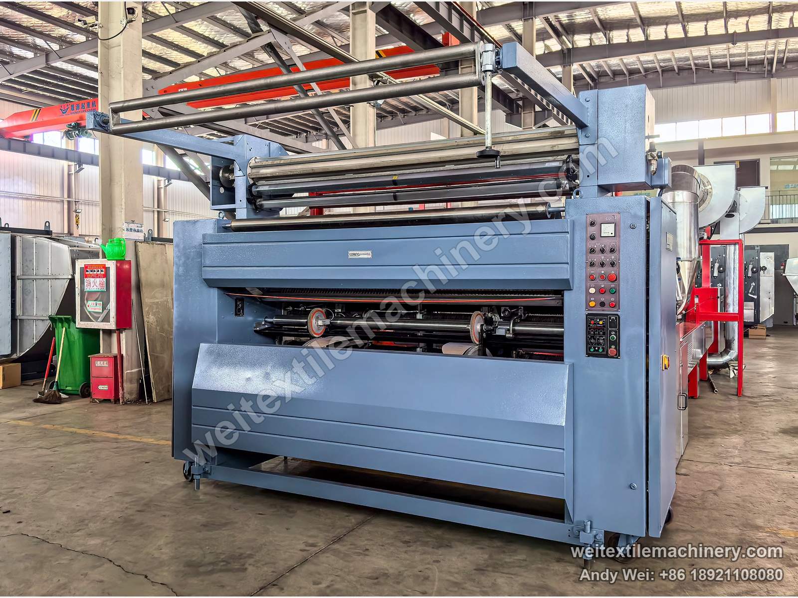 QL WPF-LTYS Pin-Chain Steaming-Shrinking Machine, typical setup with a Corino weft straightener in front