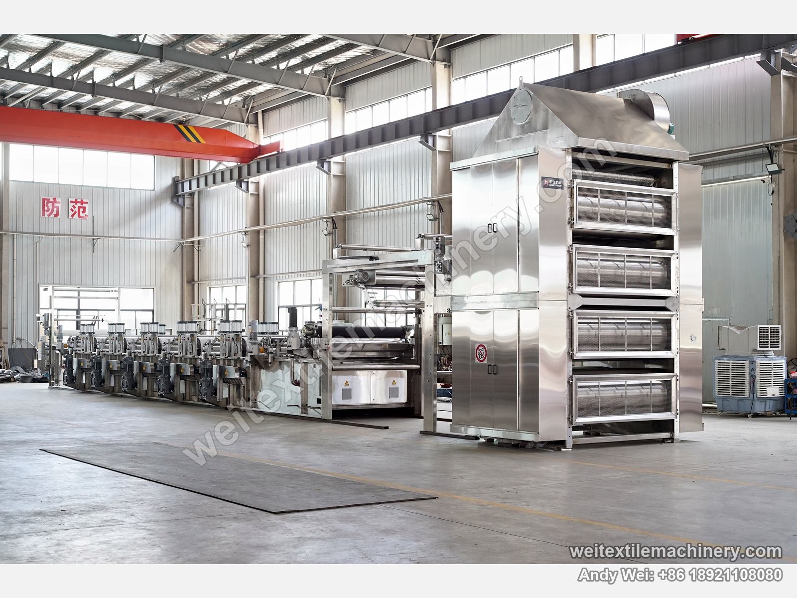 QL WPF-LXZH Continuous Crabbing and Drying Line, full view, four-tier drum drying section at right