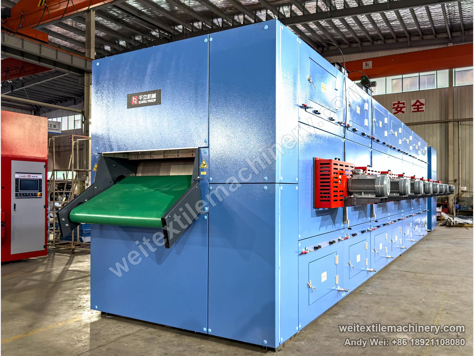 QL WPF-MTFSSG Wool Tops Shrinkproofing Line, full view of the drying section, conveyor belt at the end