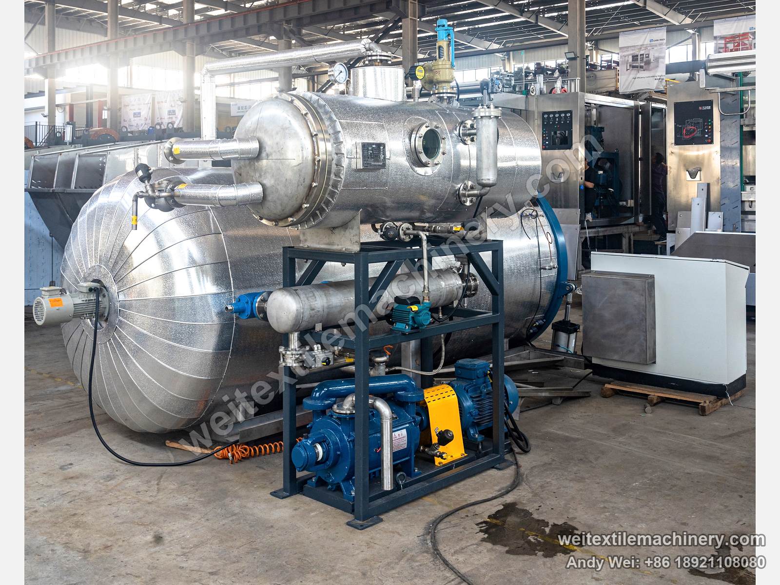 QL WPF-ZS Vacuum Yarn Steaming Autoclave, full view from the rear side, vessel end and pump unit