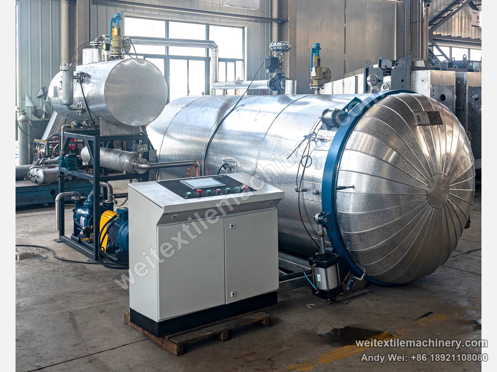 QL WPF-ZS Vacuum Yarn Steaming Autoclave, full view, door closed, control cabinet in front