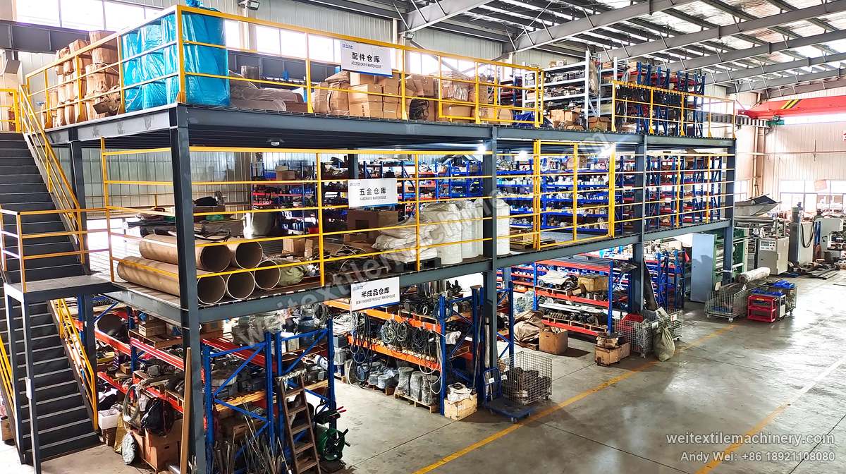 Stores at QL, signed as accessories, hardware and semi-finished product warehouses, with parts on multi-level racks